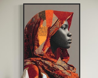 Textile Collage Black Woman Printable Art, African American Profile Digital Download, Patterned Head Wrap Poster, Rust Wall Decor