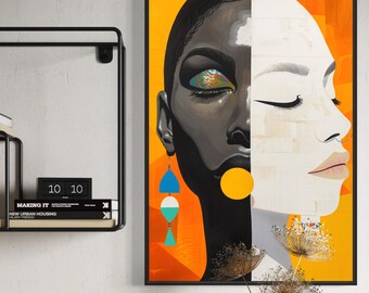 Abstract portret zwarte vrouw, moderne Afro-Amerikaanse muurkunst, dualiteit gezichtskunst, hedendaagse zwarte kunstprint, gewaagde afdrukbare download