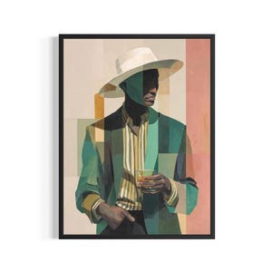 May include: Art print of a person in a green blazer, striped shirt, and white hat, holding a glass. The artwork has a geometric style with a color palette of green, beige, and pink. The print is framed in a black frame.
