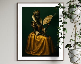 Baroque Wall Art Printable, Ebony Woman in Gold Gown with Crown and Lace Ruff, Renaissance Portrait Poster, Instant Download Decor