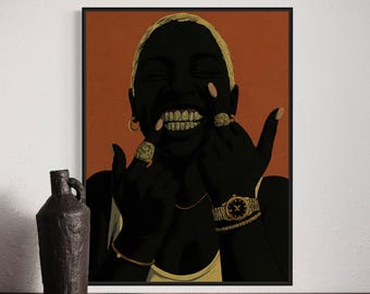 Black Joy Printable Wall Art, Laughing Woman Digital Download, African American Gold Jewelry Poster, Rust Orange Pop Art Decor