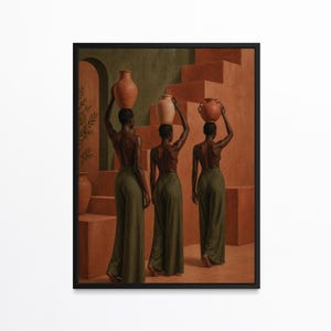 May include: A framed art print depicts three figures in olive green pants, each carrying a terracotta pot on their head. The background features a terracotta-colored architectural setting with stairs and arches, and a green wall.