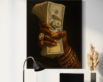 Arte mural negro, arte de mujer negra, arte mural con dinero, impresiones artísticas negras, arte afroamericano, arte mural urbano de lujo, impresión artística de Afro Cash Stack