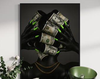Arte mural urbano, arte de mujeres negras, impresiones de arte negro, rulos de dinero, arte afroamericano, arte mural de chicas negras, impresión de arte mural afrocéntrico
