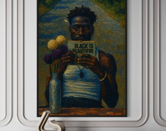 Svart är vacker manskonst, afroamerikansk läsning, texturerad oljeporträttaffisch, svart stolthet väggdekor, Locs bokälskare målning