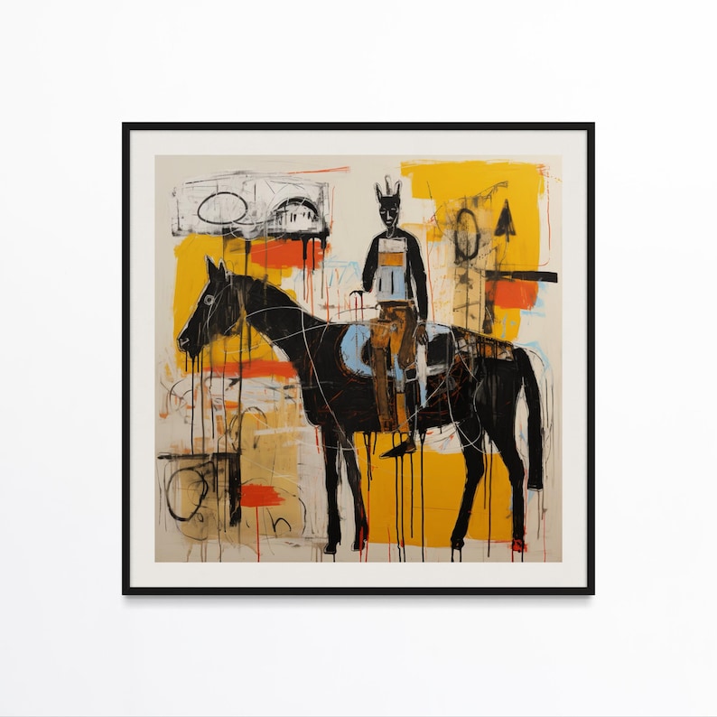 May include: Abstract art print depicting a black horse and rider, set against a backdrop of yellow, orange, and cream hues. The artwork has a modern, expressive style with bold brushstrokes and a textured appearance. The print is framed in a black border.