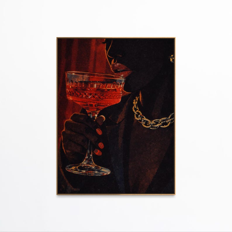 May include: Art print featuring a person holding a glass of red liquid. The person is wearing a gold chain necklace and a dark jacket. The glass has a decorative pattern. The background is a dark red.