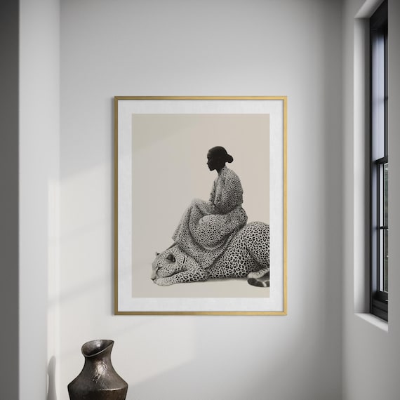 Black Art Decor, Afro Futurism Art Print, Black Woman Art, African Wall Art, Black and White Art, Minimalist Afro Art, Leopard Print Decor