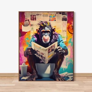 Arte divertido para el baño, decoración de mono en el inodoro, póster divertido de animales, mono leyendo papel, animal sentado en el inodoro, arte de descarga instantánea