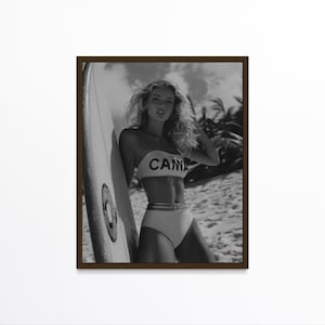 Surfer Girl Black and White Poster - Coastal Wall Art - Fashion Photography Print - Vintage Surfboard Luxury Decor
