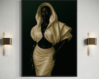 May include: A framed art print featuring a stylized illustration of a person in a cream-colored hooded jacket and skirt against a dark green background. The artwork has a modern, elegant aesthetic, with a focus on form and texture.