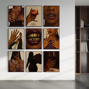 Stampe d&#39;arte nera, arte di donne nere, arte murale urbana, arte afroamericana, poster di ragazze nere, arte della cultura nera, arte murale nera, set da 9 pezzi