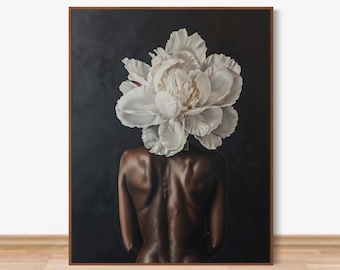 Arte de mujer negra, arte mural de mujer negra, arte mural negro, estampado de corona floral, arte negro de cabeza de flor, arte mural de niña negra, arte para mujeres negras