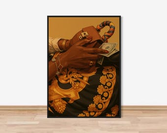 Arte de mujer negra emprendedora y ambiciosa, arte mural de lujo con dinero en efectivo, descarga digital imprimible afroamericana, lámina de decoración para el hogar con estilo glamuroso y melanina.