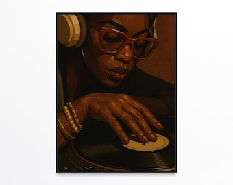 Vinyl Record Music Wall Art, Black Woman DJ Art Painting, Turntable Poster Printable, Hip Hop Music Decor, Hypebeast Print, Digital Download