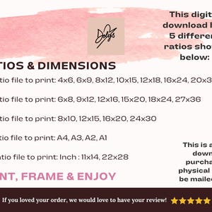 K&ouml;nnte beinhalten: Digitaler Download mit rosa Aquarell-Hintergrund. Der Text enth&auml;lt Druckma&szlig;e in cm, mit Verh&auml;ltnissen wie 2:3, 3:4 und 4:5. Der Text lautet au&szlig;erdem "Drucken, Rahmen & Genie&szlig;en".