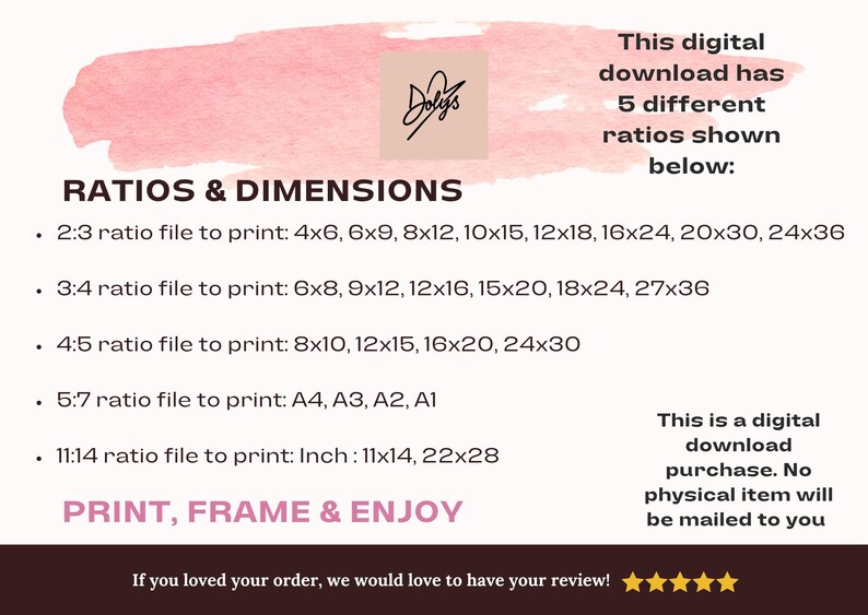 K&ouml;nnte beinhalten: Digitaler Download mit rosa Aquarell-Hintergrund. Der Text enth&auml;lt Druckma&szlig;e in cm, mit Verh&auml;ltnissen wie 2:3, 3:4 und 4:5. Der Text lautet au&szlig;erdem "Drucken, Rahmen & Genie&szlig;en".