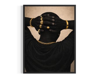 Lámina decorativa imprimible de cadena cubana, joyería de oro para hombre negro (descarga digital), póster masculino con estilo, lámina de arte moderno para hombre.