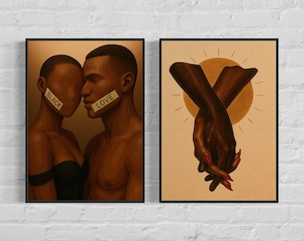Arte de pareja negra, juego de 2 láminas de amor negro, pareja afroamericana tomada de la mano, decoración romántica para la pared del dormitorio, regalo de aniversario