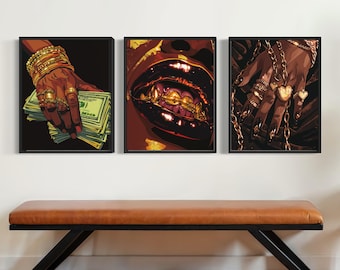 Hip-Hop-Wandkunst-Set (3-teilig), Poster mit Goldgrillz-Motiven (Geld und Ketten), Urban Luxury Digital Download Bundle, Drucke im Comic-Stil