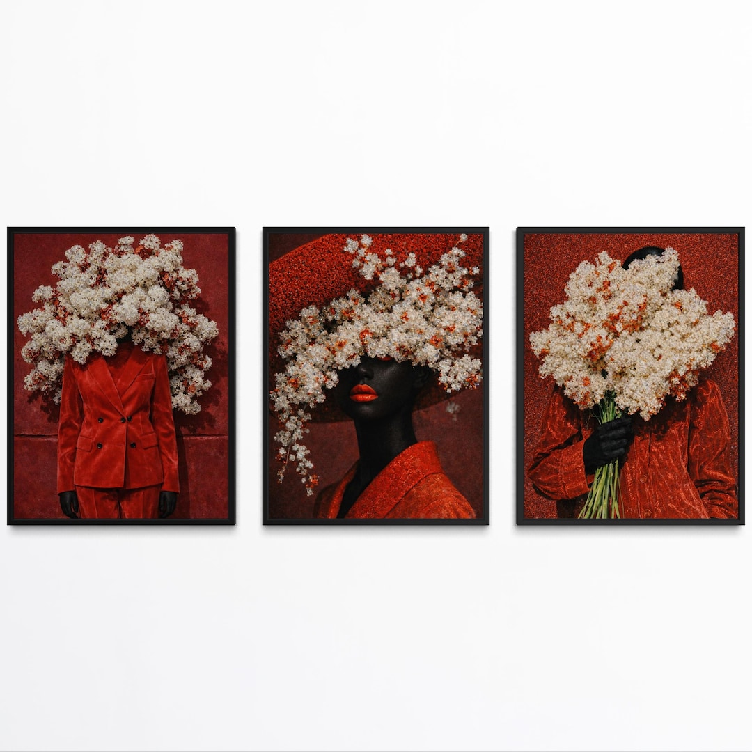 Flower Head Wall Art Set of 3, Faceless Black Figure in Red Velvet Suit ...