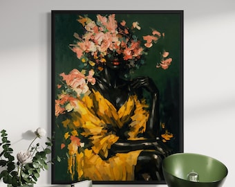 Black Girl Flower Head Wall Art, Black Art Prints, Black Woman Art, African American Art, Afrocentric Wall Art, Abstract Floral Portrait