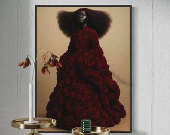 Arte afrocéntrico de mujeres negras, impresiones de arte negro, arte urbano afroamericano, arte mural floral negro, arte mural de chicas negras, ilustraciones de vestidos de flores