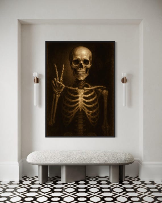 Skeleton Wall Art Print, Vintage Skull Throwing a Peace Sign, Dark Sepia Gothic Poster, Funny Halloween Home Decor Gift