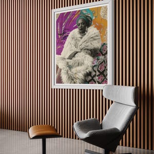 May include: A framed print of a woman wearing a white fur coat and a colorful head scarf. The woman is sitting on a patterned chair. The background is a wooden wall with vertical stripes.