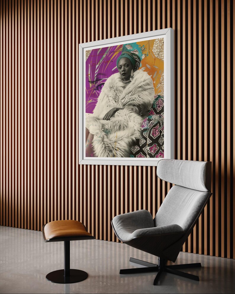 May include: A framed print of a woman wearing a white fur coat and a colorful head scarf. The woman is sitting on a patterned chair. The background is a wooden wall with vertical stripes.
