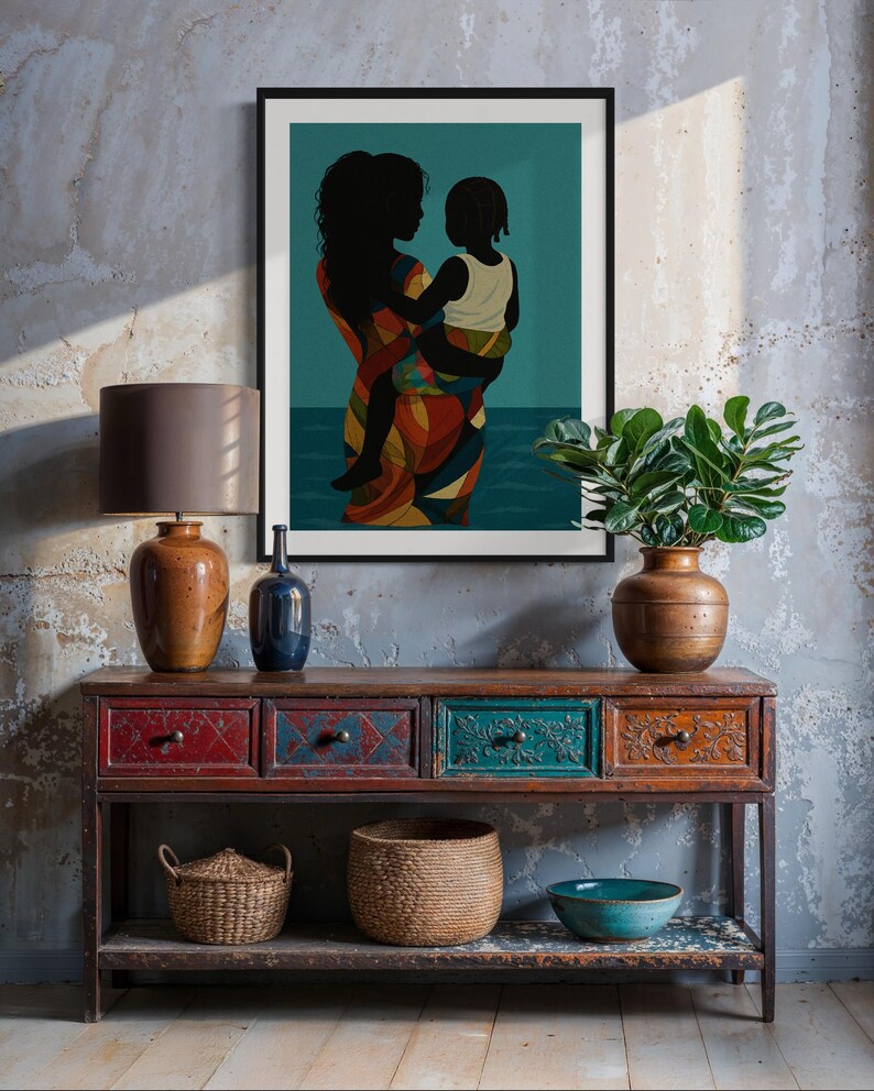 Black Art Decor, Black Woman Art, Black Girl Wall Art, Afrocentric Mother and Child Art, Abstract Black Art, Urban African American Wall Art image 5