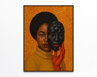 May include: A framed portrait of a person holding a black geometric mask over half of their face. The person wears a yellow turtleneck and the background features an orange paisley pattern. The mask has red lips.