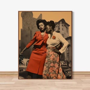 Stampa artistica vintage "Black Beauty" - Donne afroamericane retrò che si abbracciano, download di arte digitale da parete, arredamento in stile Harlem anni '40