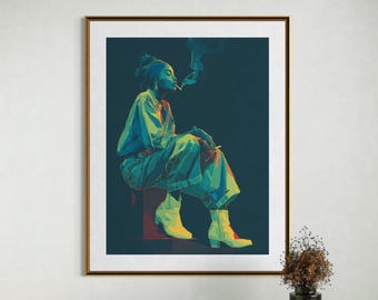 Affiche imprimable « Pause cigarette », style rétro géométrique, femme noire, téléchargement numérique, poster turquoise et vert, impression d'art pour salon.