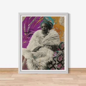 May include: A framed print of a woman wearing a white fur coat and a teal head wrap. The background is a collage of purple, gold, and teal colors.
