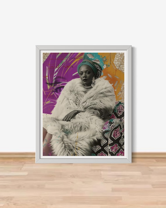 Fur Coat Black Woman Printable Wall Art, Mixed Media Collage Digital Download, Head Wrap Afrocentric Art, Regal Pearl Glam African Decor