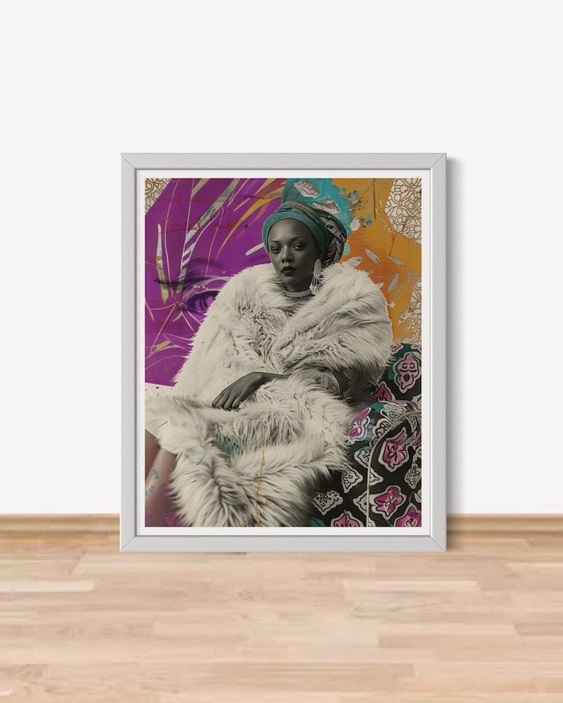 May include: A framed print of a woman wearing a white fur coat and a teal head wrap. The background is a collage of purple, gold, and teal colors.