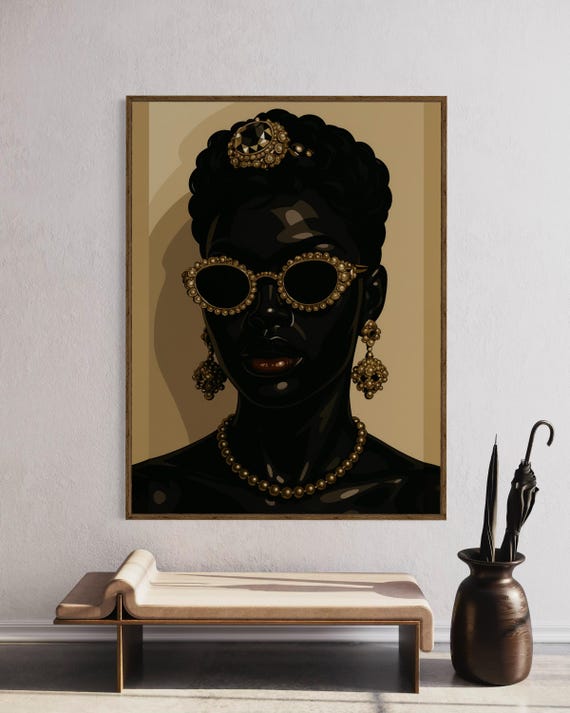 Glam Wall Art Printable, Black Woman Portrait with Gold Sunglasses, African American Digital Download, Fashion Wall Decor