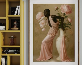 Zwarte vrouw hoofd bloemen kunst aan de muur, poster meisje bloemen, poster bloemenvrouw, zwarte kunstafdrukken, zwart meisje kunstwerk, bloemenvrouw schilderij