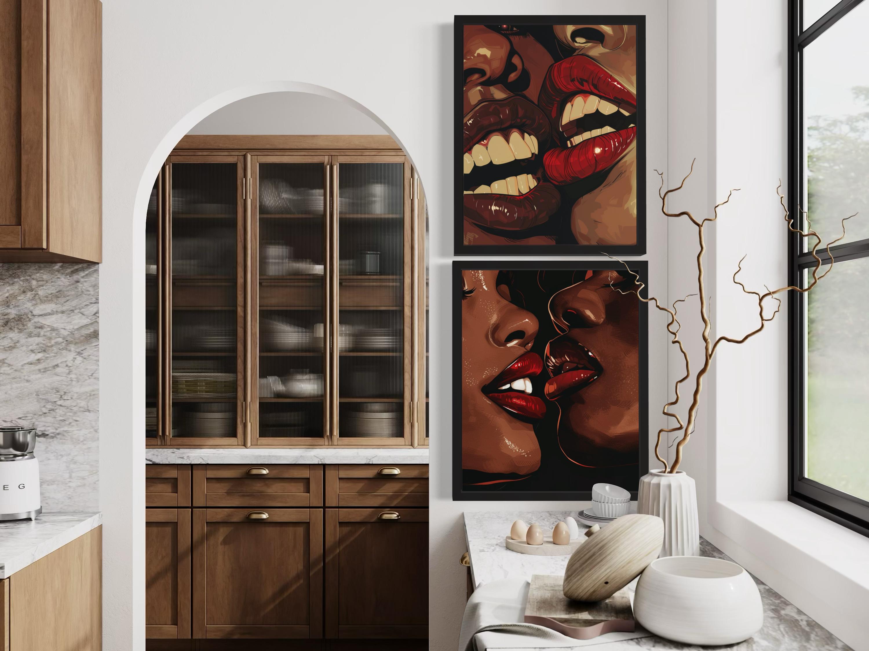Stampe d'arte nera, arte afrocentrica di donne nere, arte lesbica nera, poster di ragazze che si baciano, arte nera moderna, set di 2 pezzi di arte afroamericana immagine 5