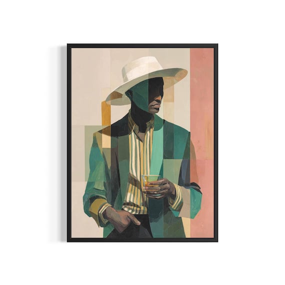 Cubist Black Man Art, Modern Gentleman Hat Portrait, African American Cubism Wall Art, Sophisticated Mens Decor, Printable Digital Download