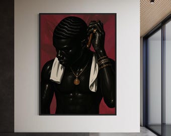 Art du portrait du roi noir, impression murale homme afro-américain, affiche vagues cheveux chaîne en or, décoration masculine mélanine, peinture homme noir fort