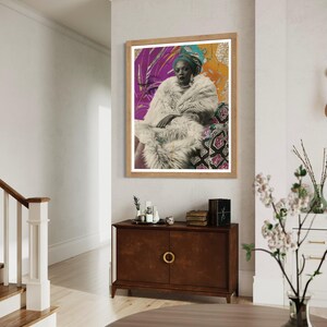 May include: A framed print of a woman wearing a white fur coat and a colorful head wrap. The background is a collage of colorful patterns and textures.