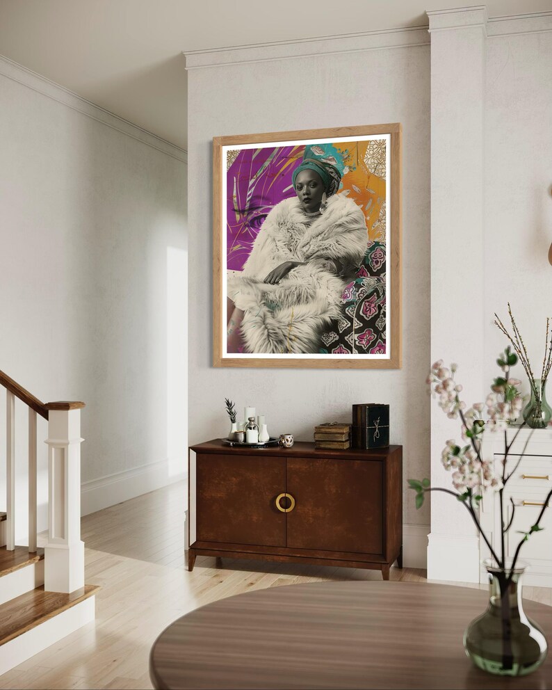 May include: A framed print of a woman wearing a white fur coat and a colorful head wrap. The background is a collage of colorful patterns and textures.