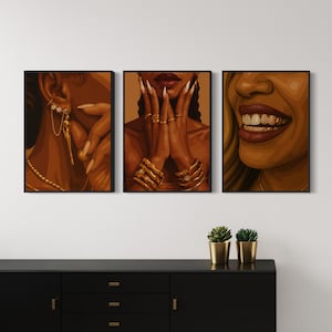 Art mural fille noire, impressions d'art noir, art femme noire, 3 pièces d'art mural, art de luxe noir, oeuvre de bijoux en or, impression d'art afro-américain