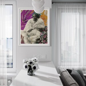 May include: A framed print of a woman wearing a white fur coat and a turquoise head wrap. The background is a collage of colorful patterns and textures.