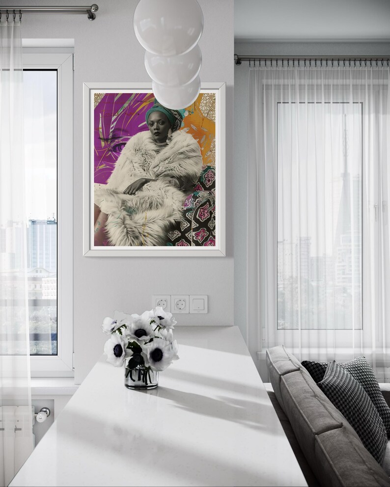 May include: A framed print of a woman wearing a white fur coat and a turquoise head wrap. The background is a collage of colorful patterns and textures.