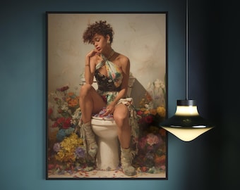 Arte digital para pared de baño, pintura floral de mujer negra, lámina artística ecléctica para baño, imprimible afroamericano, decoración maximalista