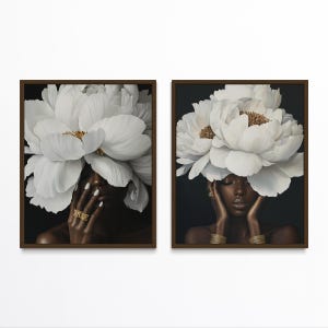 Arte di donna nera, Arte nera - Set di 2, Arte murale di ragazza nera, Stampe di teste di fiori, Arte di teste di fiori nere, Arte di corone di fiori, Download di melanina