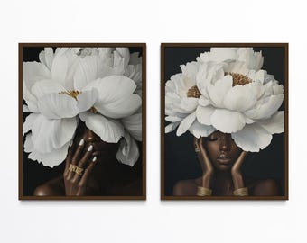 Black Woman Art, Black Art - Set of 2, Black Girl Wall Art, Flower Head Prints, Black Flower Head Art, Flower Crown Art, Melanin Downloads